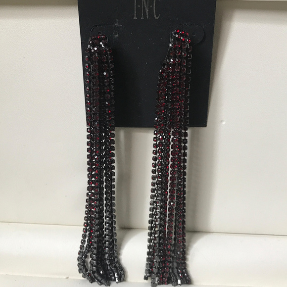 Gun ton Red Crystal Linear Drop Earrings X Long - Picture 2 of 4